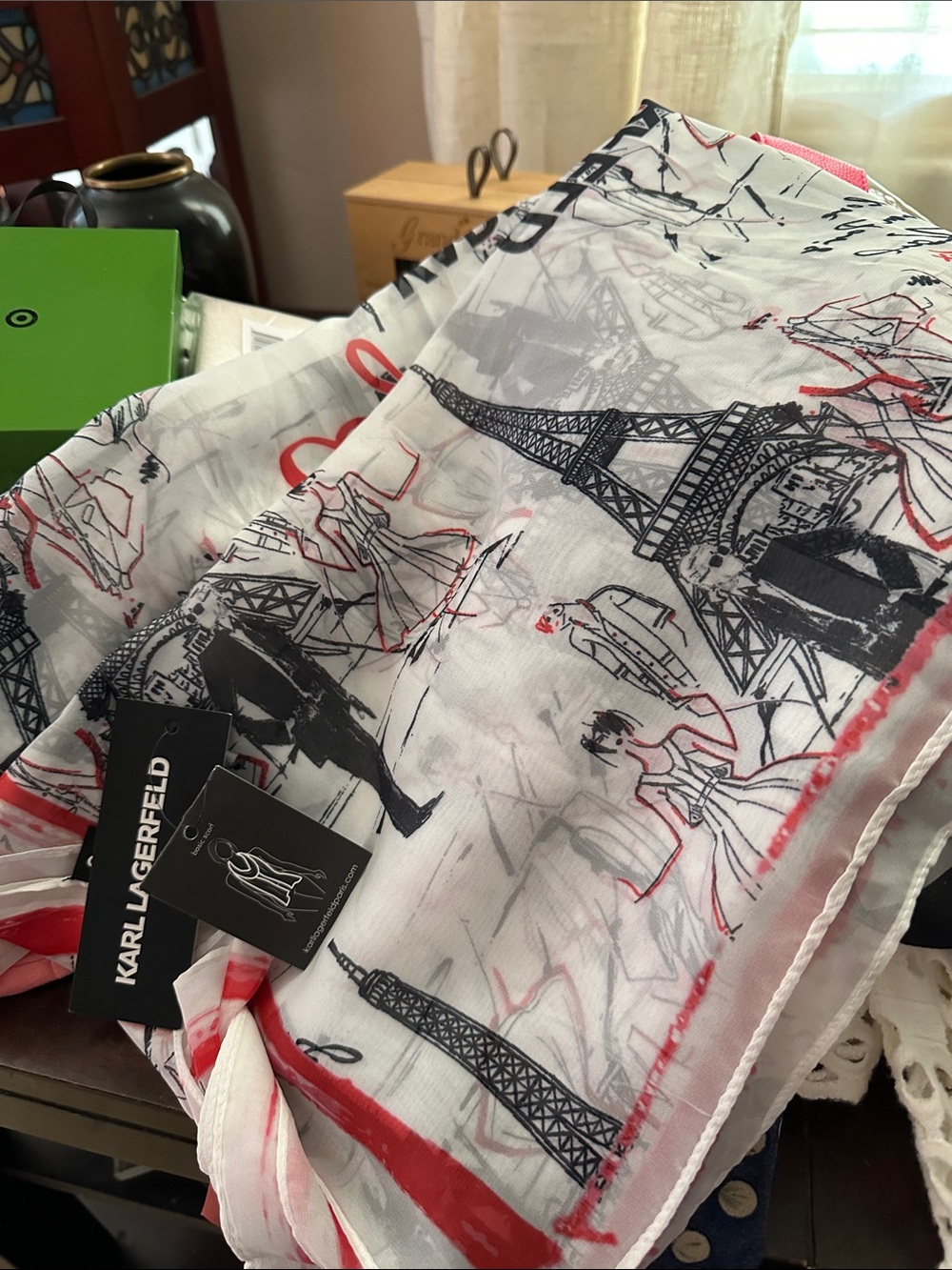 Karl Lagerfeld White Scarf with Black Eiffel Tower and Red Accents